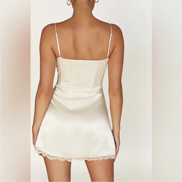 Cream Meshki Front Tie Corset Silk Mini Dress With Lace Detail - Picture 2 of 5